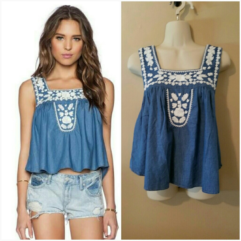 Lovers + Friends Blue Embroidered Top